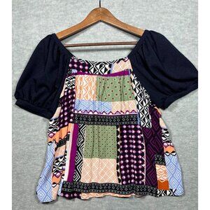 Maeve By Anthropologie Patchwork Top M Puff Sleeves Boho Casual